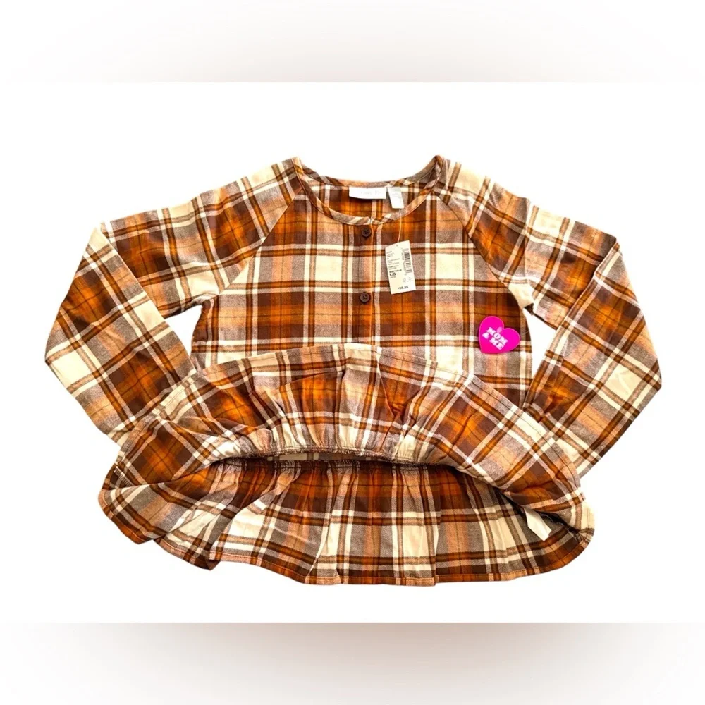 The Children’s Place Girls Matching Family Plaid Flannel Peplum Top - Brown